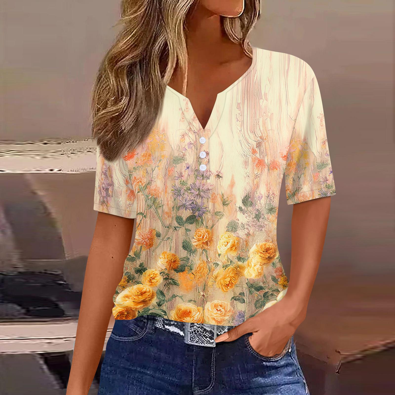 

Women’s Casual V Neck Short Sleeve Top with Button and Floral Print Loose Fit Blouse for Daily Wear XL