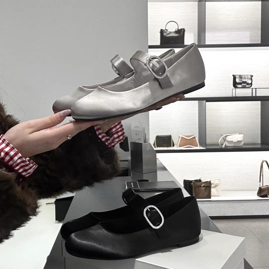 Sheepskin version~ 2025 new rhinestone leather soft-soled single shoes women's round head flat-soled ballet shoes Mary Jane ladyshoes