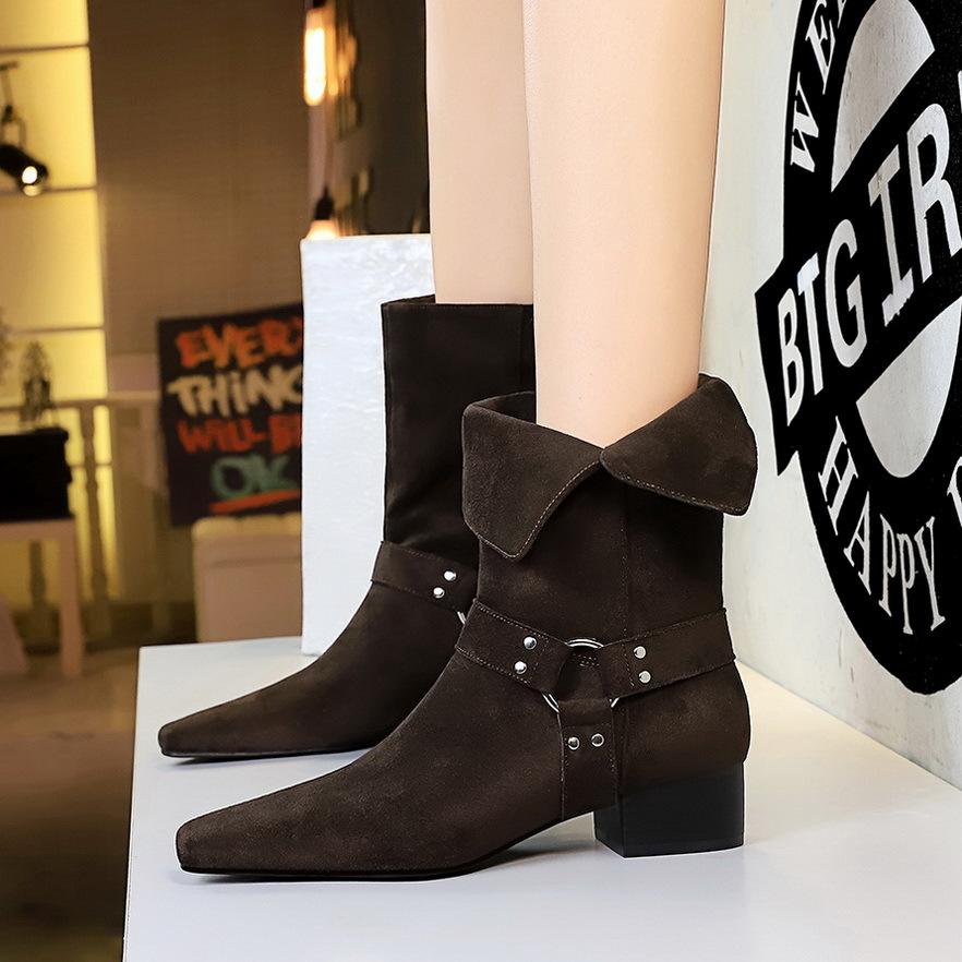 Retro Suede Women'S Boots Fashion Pointed Thick Heel Knight Boots For Women Designer Belt Buckle Women'S Shoes Botas Para Mujer