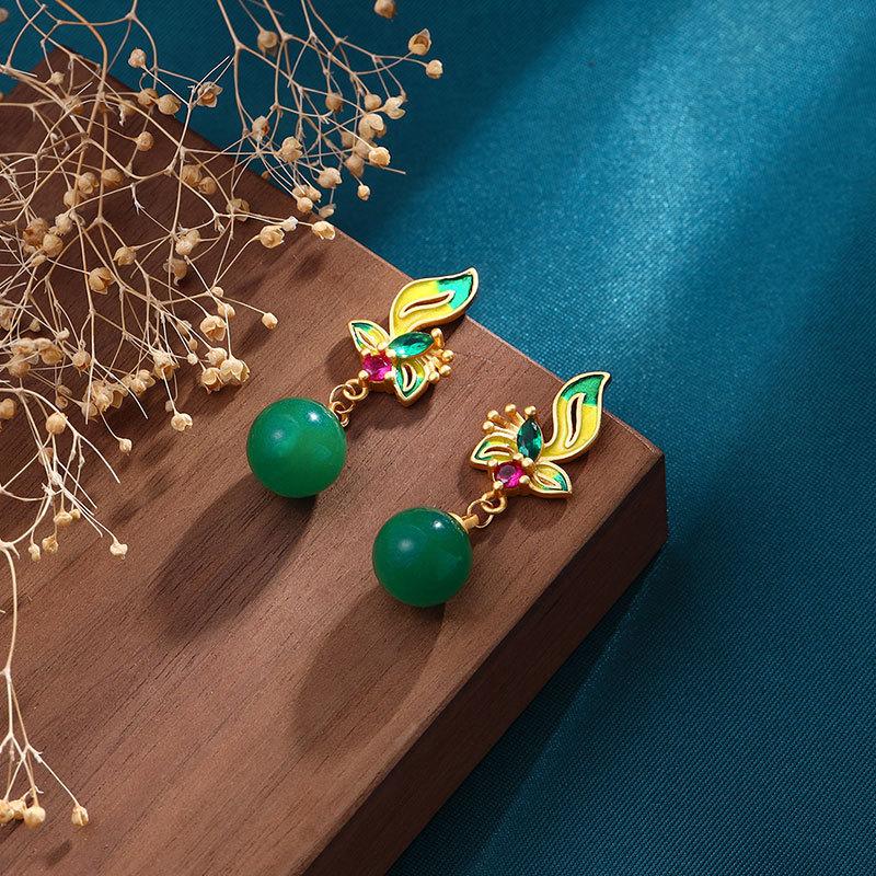 Chinese Style Classical And Simple Natural Jasper Round Bead  Earrings For Women  Enamel Crystal Flower Ear Studs Jewelry