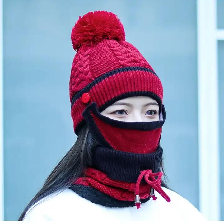 Fashionable Custom Female Warm Pom Pom Beanie Knitted Hat and Scarf Women Winter Hats Sets