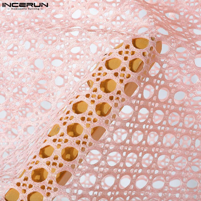 INCERUN Men O Neck Sleeveless Mesh Sheer Hollow Crochet Casual Beach Tank Tops