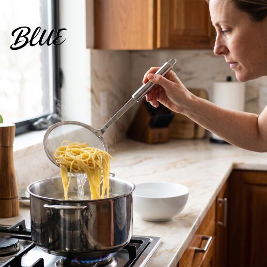 Long Handle Frying Skimmer Stainless Steel Fine Mesh Skimmer, 100-Mesh Oil Strainer Spoon with Heat Resistant Food Handle, Kitchen Ladle for Soup Foam