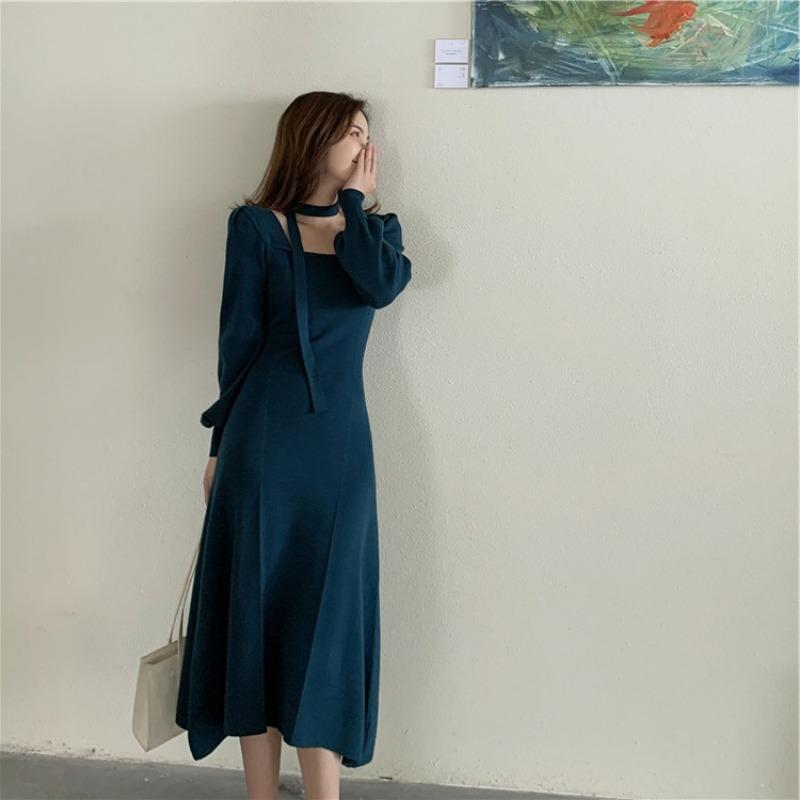 Knitted white dress waist coffee break beautiful high sense party party dress autumn