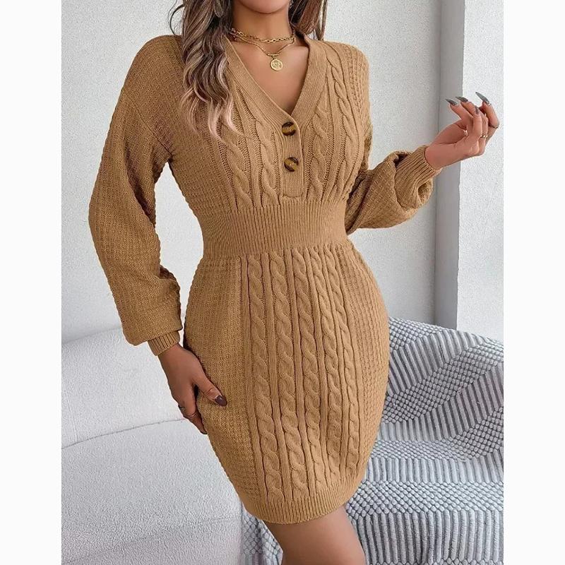 Módne pletené Twist Lucerna Rukáv Sveter Šaty s výstrihom do V, Gombík Elegantné spoločenské dámske šaty Zimné Slim Fit Jednofarebné úpletové šaty 29891