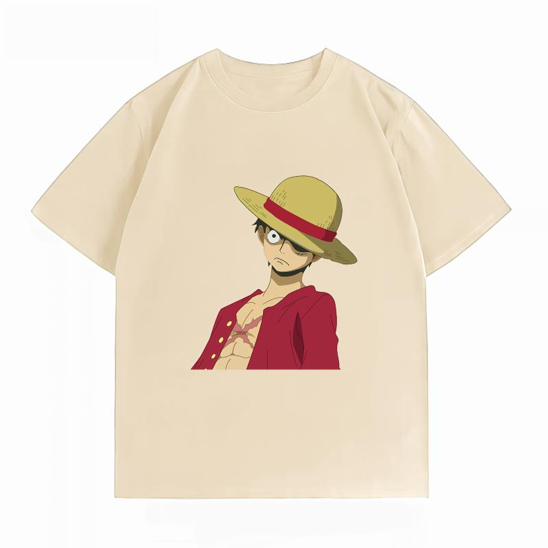 Bandai One Piece Monkey D Luffy Side Face Print Tshirt Casual Short Sleeve Cotton Anime Streetwear Unisexs Tshirt