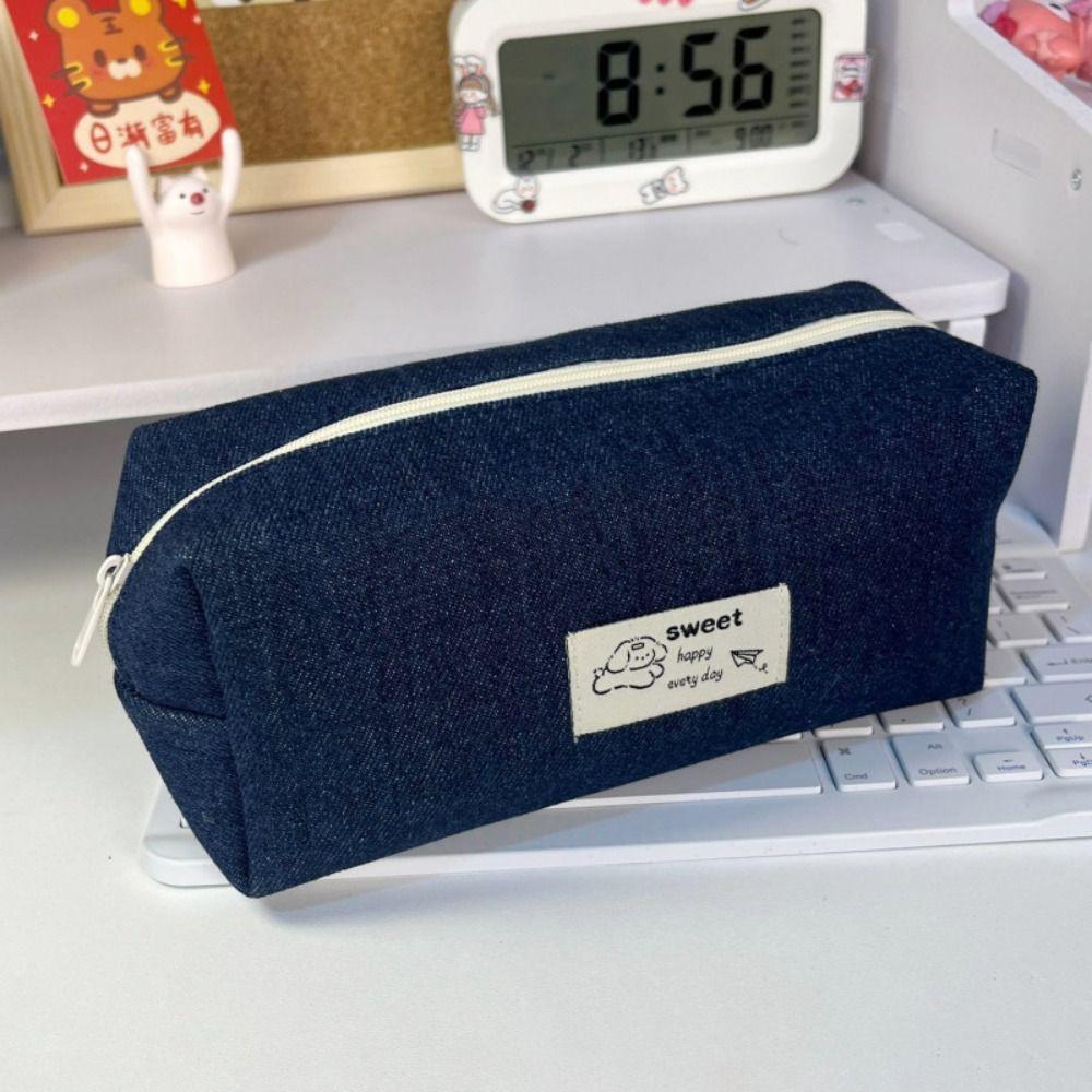 Large Capacity Stationery Bag Dark Blue Stationery Organizer Cute Denim Pencil Case  School Office