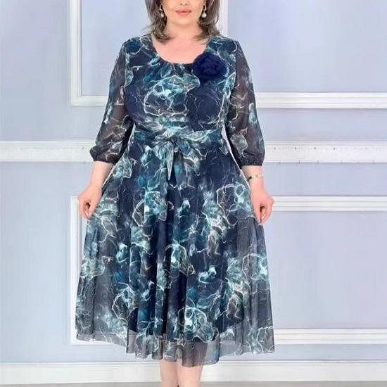 Rochie lungă elegantă cu gât rotund și imprimeu cu strat dublu pentru primăvara/vara 2025