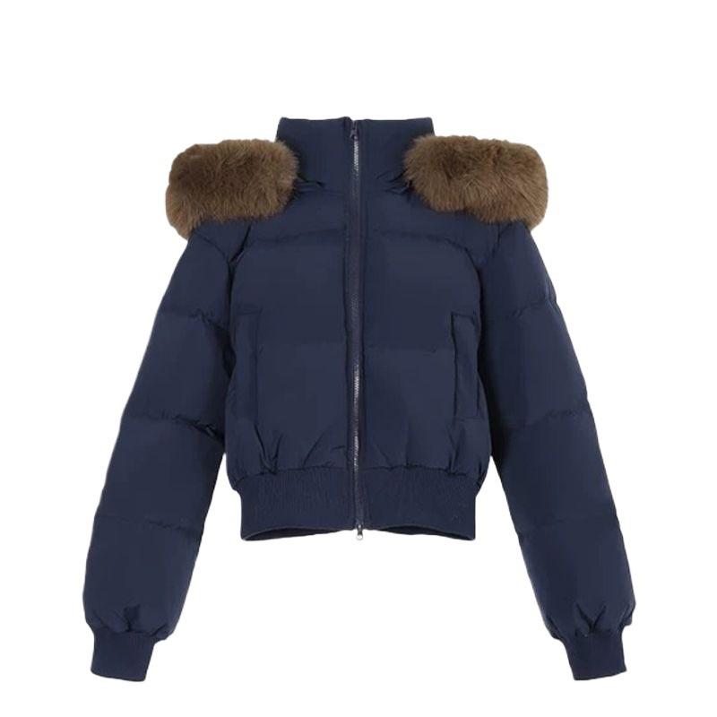New cotton clothes women's winter European and American navy blue hooded fur collar short cotton clothes bread clothes coat thick