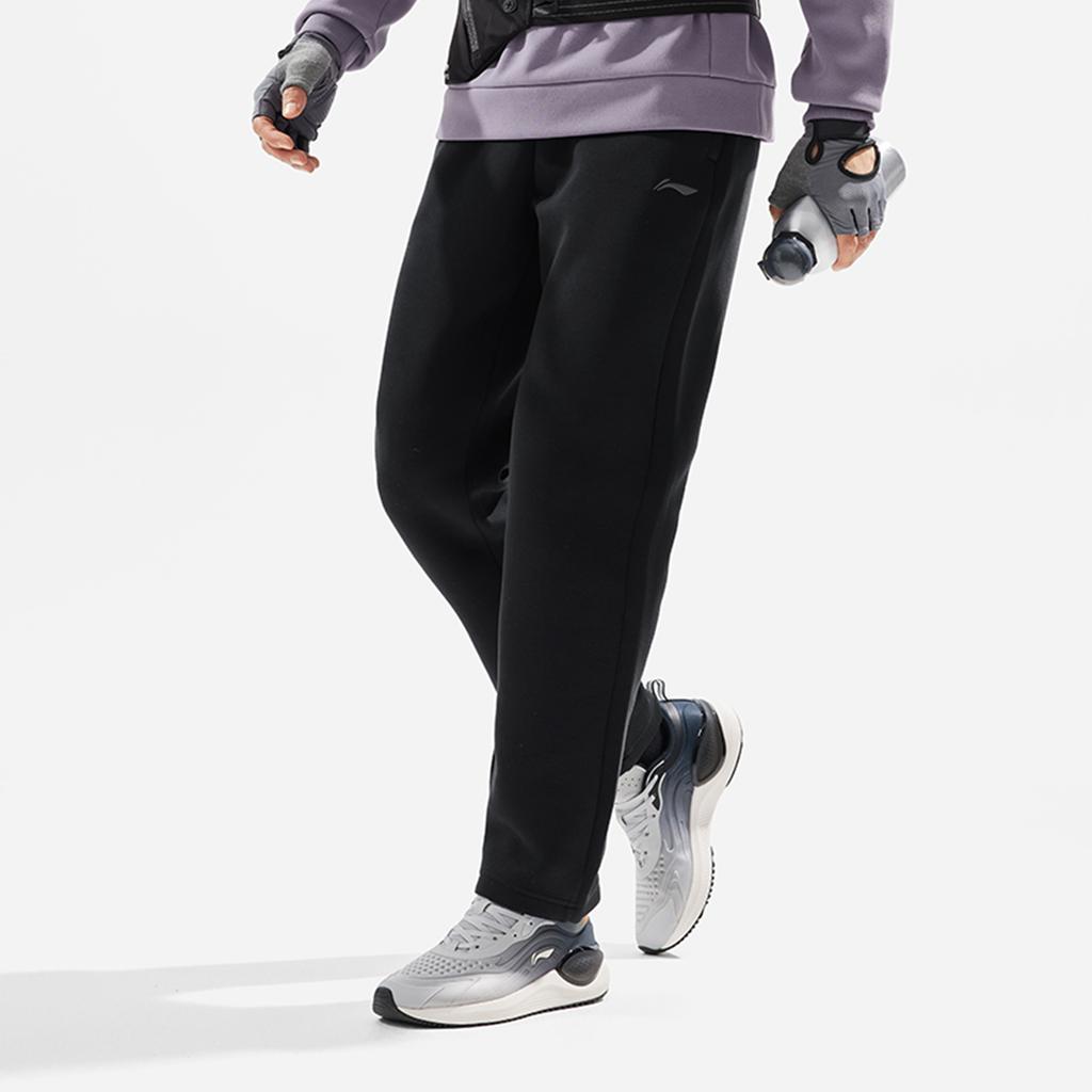 Li Ning Fitness Series Solid Color Mid Waist Comfortable Breathable Straight Leg Knitted Sports Pants Men Bottoms Black AKLU555-1