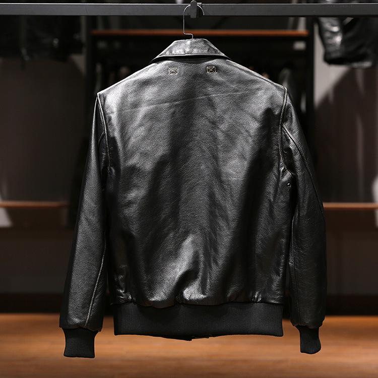 Men's Genuine Leather Cowhide Flight Suit Jacket with Lapel