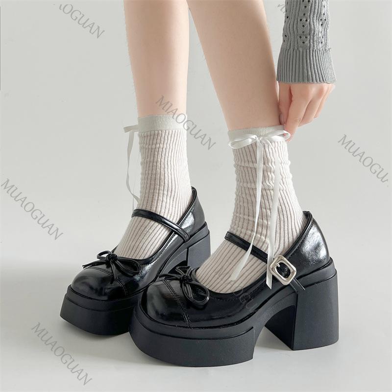 Fashion 10cm Thick High Heels Mary Jane Shoes for Women Vintage Shallow Platform Pumps Fashion Square Toe Heeled Loafers Women Shoes