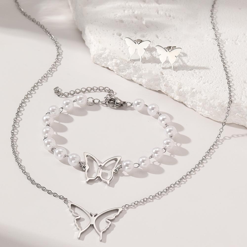 Stainless Steel Jewelry Set Necklace Earrings Pearl Bracelet Skeleton Butterfly Simple Design Jewelry Set For Women Jewelry Gift
