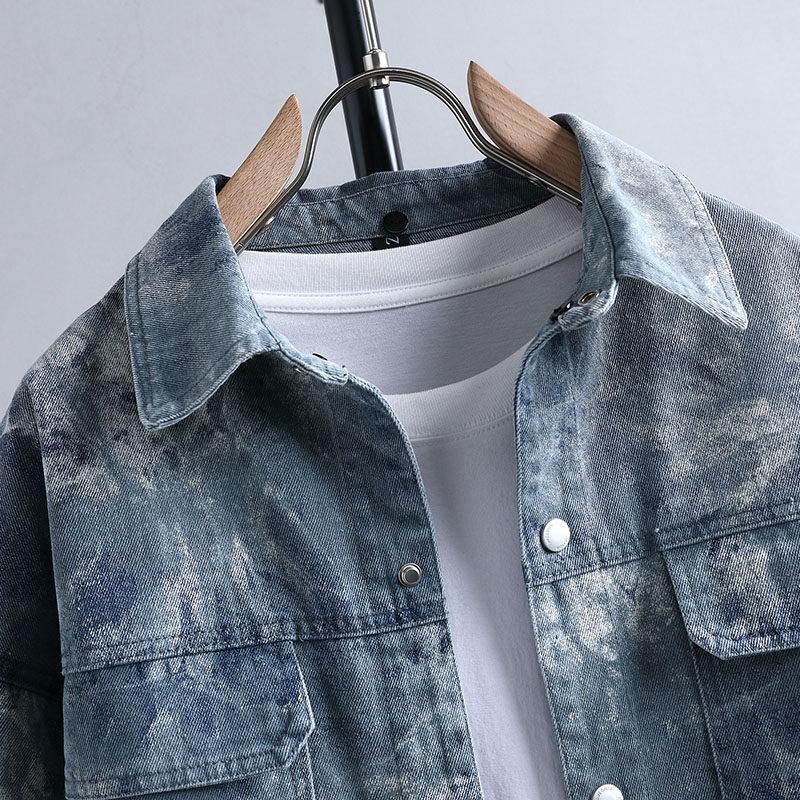 Spring New Trendy Denim Jacket for Men's Handsome Washing Lapel Casual Top Cover Bag Camouflage Work Jacket