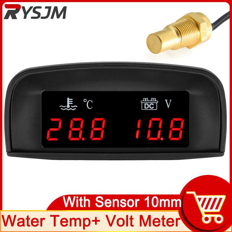 2 IN 1 Water Temperature Gauge Digital Led Voltmeter For Car Truck Motorcycle Car Temperature Sensor 10mm 1/8 NPT Celsius Degree