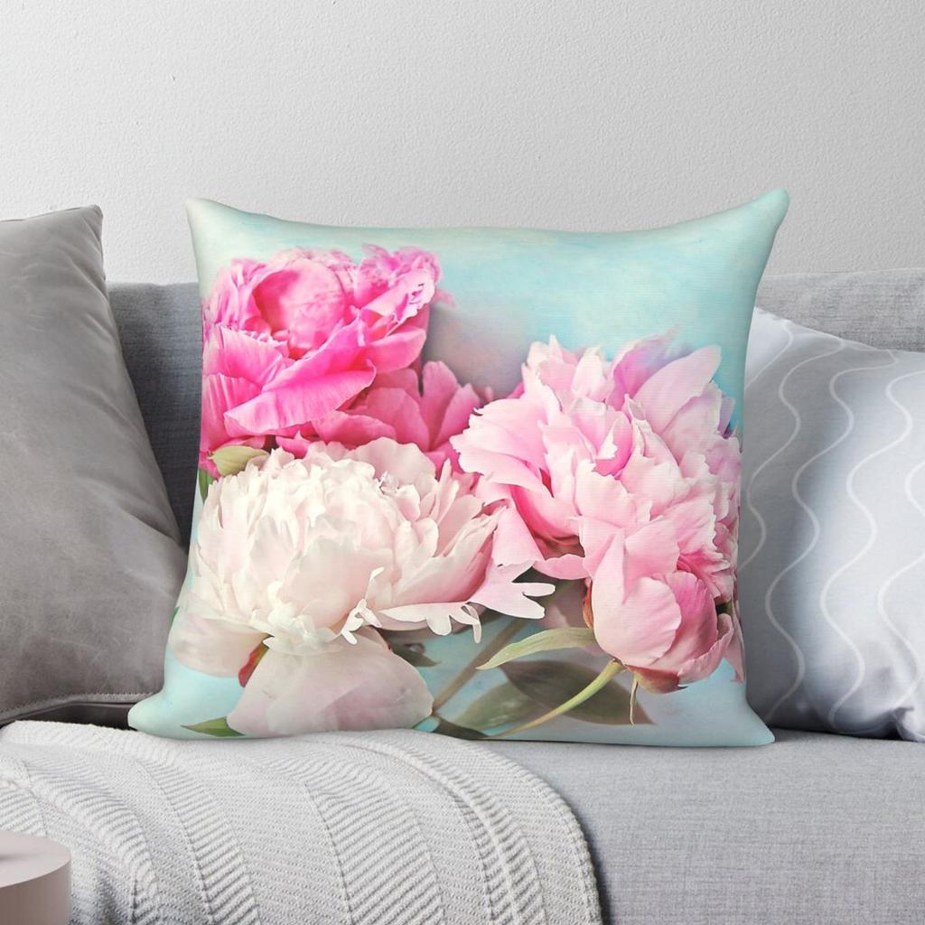3 Pink Peonies Blossom Pillowcase Polyester Linen Velvet Pattern Zip Decor Pillow Case Home Cushion Cover