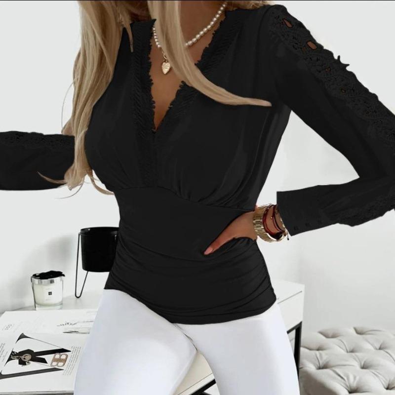 EastRogue Mode Femme Décontracté Printemps Automne Couleur Unie Impression Dentelle Manches Longues Col en V Pulls Chemisiers & Chemises