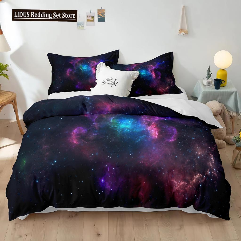 Starry Sky Polyester Duvet Cover Set King Size White Star Colourful Galaxy Starry Space Nebula Abstract Cosmos For Boy Girl Kids