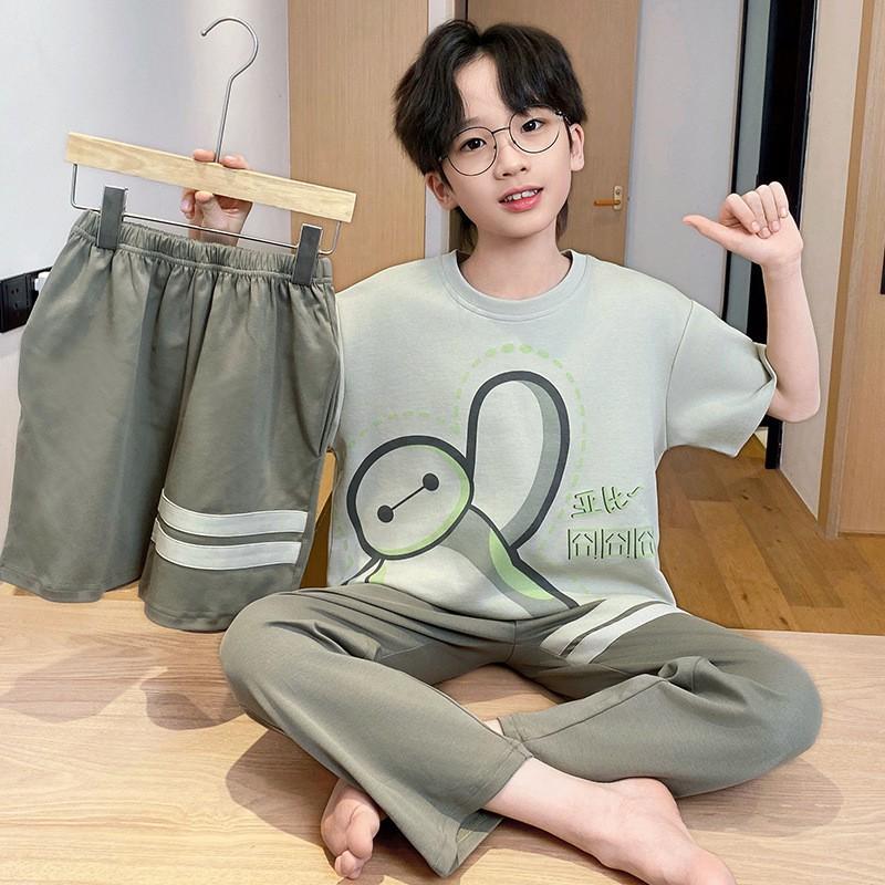 Cotton 3-Piece Pajama Set Boys Lightweight Short Sleeve Sleepwear Cartoon Print Home Wear Ages 8