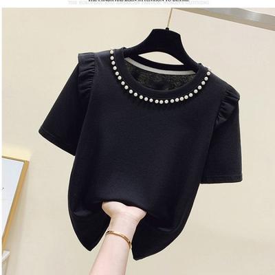 Kurzarm-T-Shirt mit Lotusblatt im Sommer Neue Mode Perlenbesetzter Rundhals Slim und vielseitiges Top Ins
