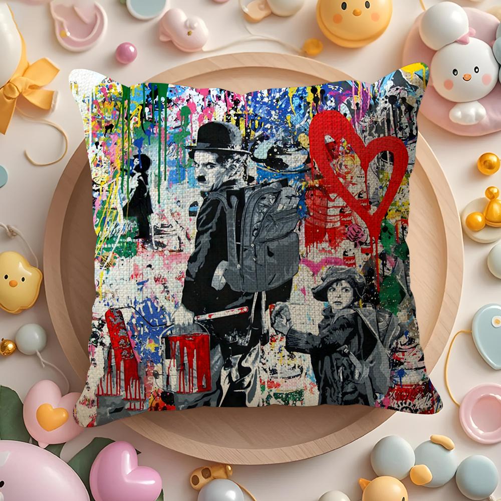 B-Banksy Street G-Graffiti Art Cushion Cover Natural Linen Organic Fabric Double-Sided Printing Sofa Home Decor Gift Pillow Case