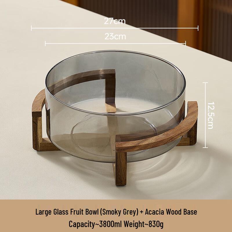 Glass Fruit & Snack Bowl with Acacia Wood Stand 13 Large Smokey Grey with Acacia Stand