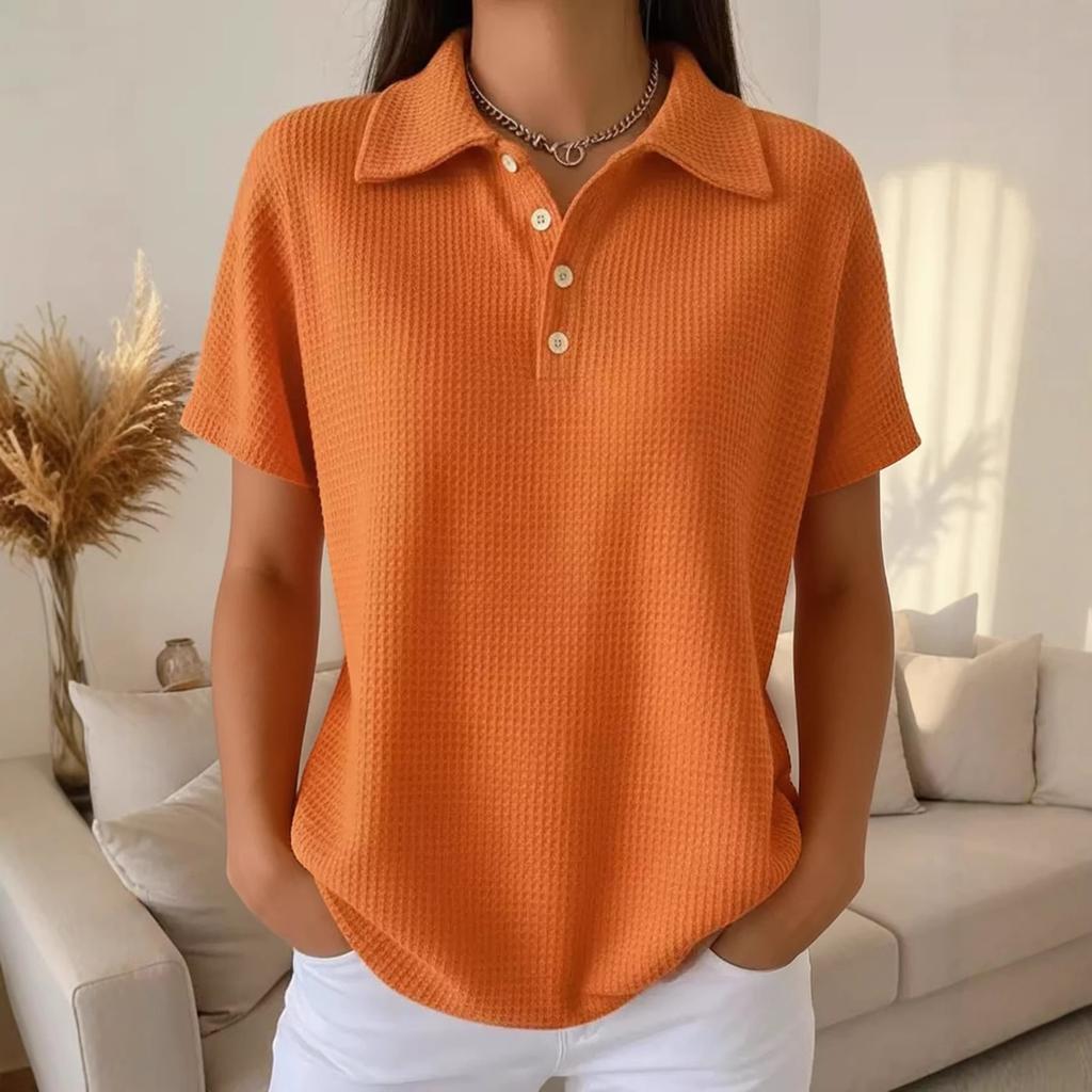 Spring Summer New Solid Color Waffle Loose Short Sleeve Fashion Polo Top Casual Tee for Women