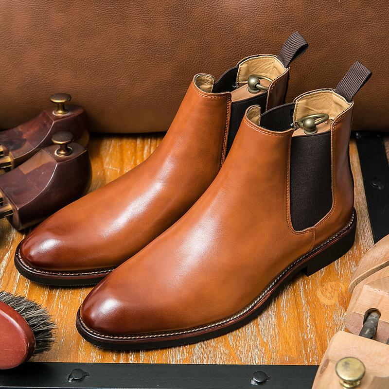 Fashion Men's Boots Genuine Leather Flat Bottom Brown Ankle Boots High Quality Chelsea Pointed Boots Women's Retro Casual Boots