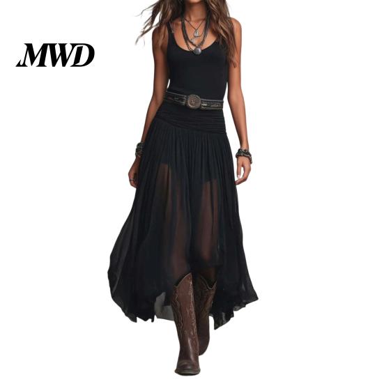 Simple Style Dress Women s Sleeveless Tank Dress, Mesh Patchwork Ruched A-line Women Casual Long Summer Flowy Beach Vacation Sundress Lightweight S чёрный