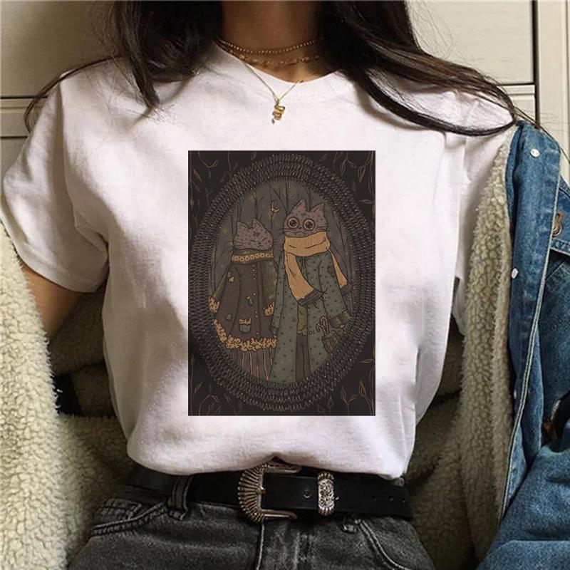Magic In All Tarot Print T-Shirt Kawaii Magic Cat Printed Tshirt Astronomy Tee Shirt Top Aesthetic Women Hippie Bohemian Tshirt