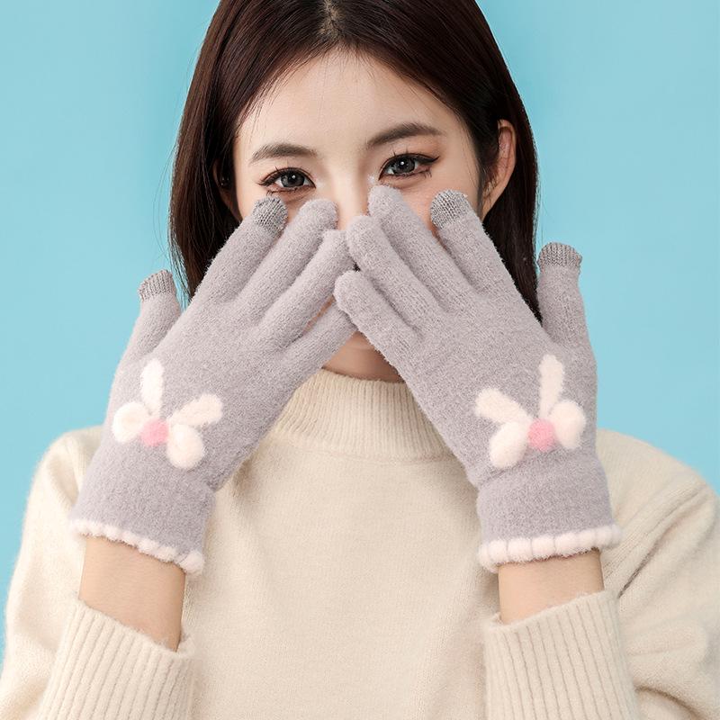 2025 Women's Korean Bow Knitted Fingerless Touchscreen Winter Gloves - Thickened and Cold-Proof