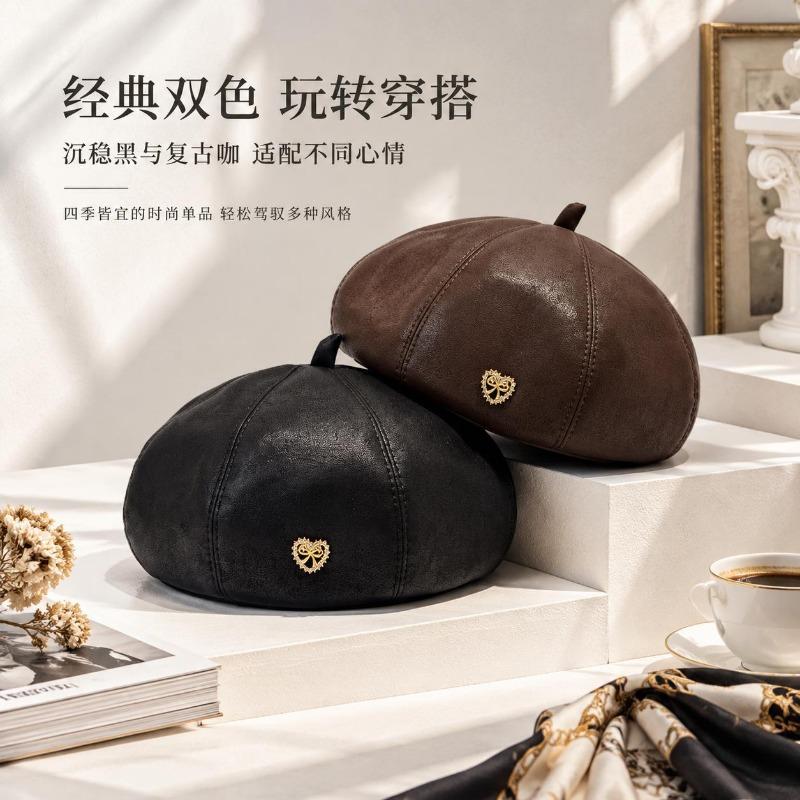 Women S Pu Leather Beret Sweet Cool French Vintage Warm Hat For Autumn Winter