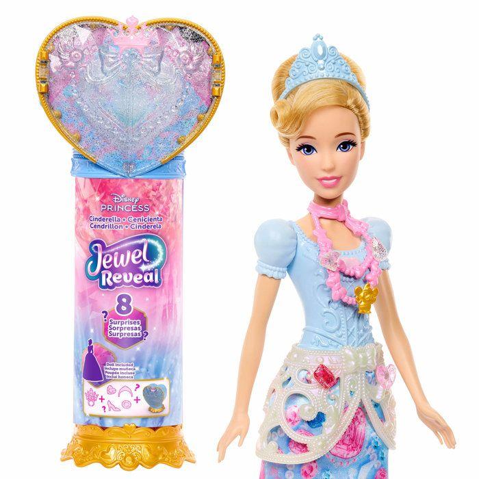 Poupée Jewel Reveal Cendrillon, Accessoires avec 8 surprises, 1 boîte a bijoux en forme de coeur, 1 bague pour enfant et 9 éléments,