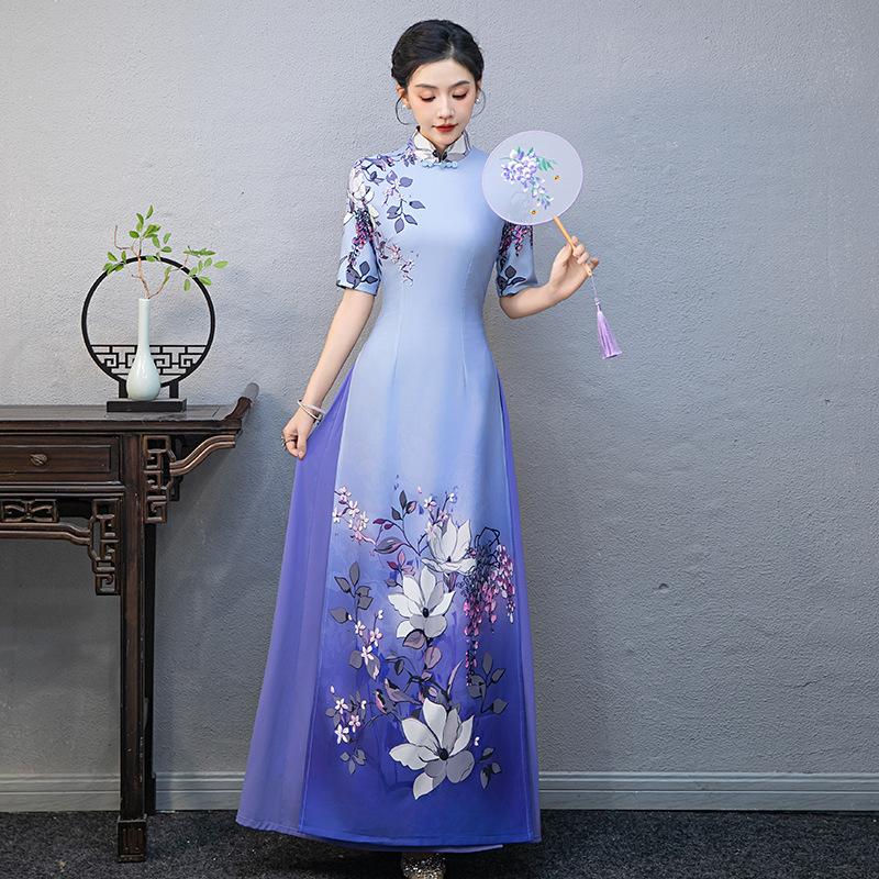 Improved version of Aodai catwalk cheongsam new long season young high-end stage etiquette performance dress