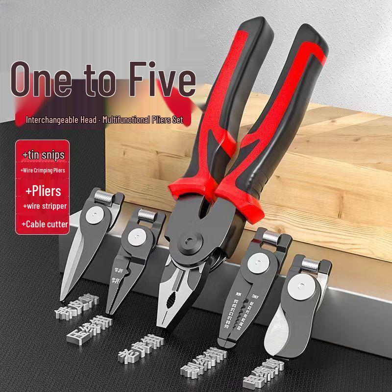 Multifunktionales 7-teiliges Zangen-Set mit austauschbaren Köpfen - Fünf-in-Eins Kombinationszange für Elektriker und Haushalt.