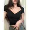 Fashion pure desire sexy cross low V-neck short top women's summer versatile slim slim navel T-shirt short sleeve tide