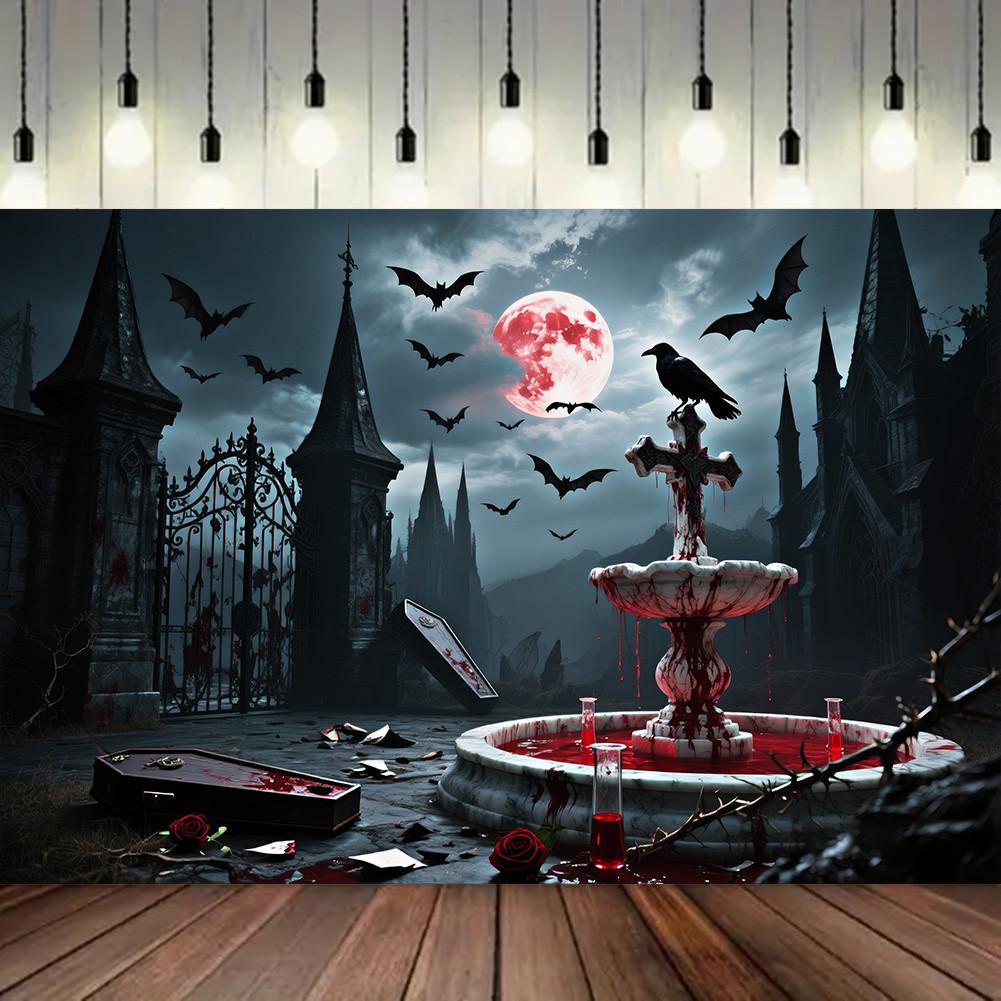 Red Full Moon,Crows,Castle,Bat Elements-Halloween Backdrop Tapestry for Party,Photography Booth,Festive Decor,Wall Decor