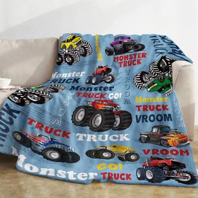 Blue Monster Truck Blanket Cartoon Cars Flannel Throw Blankets for All Season Kids Boys Track Bed Sofa Blanket King Queen Size