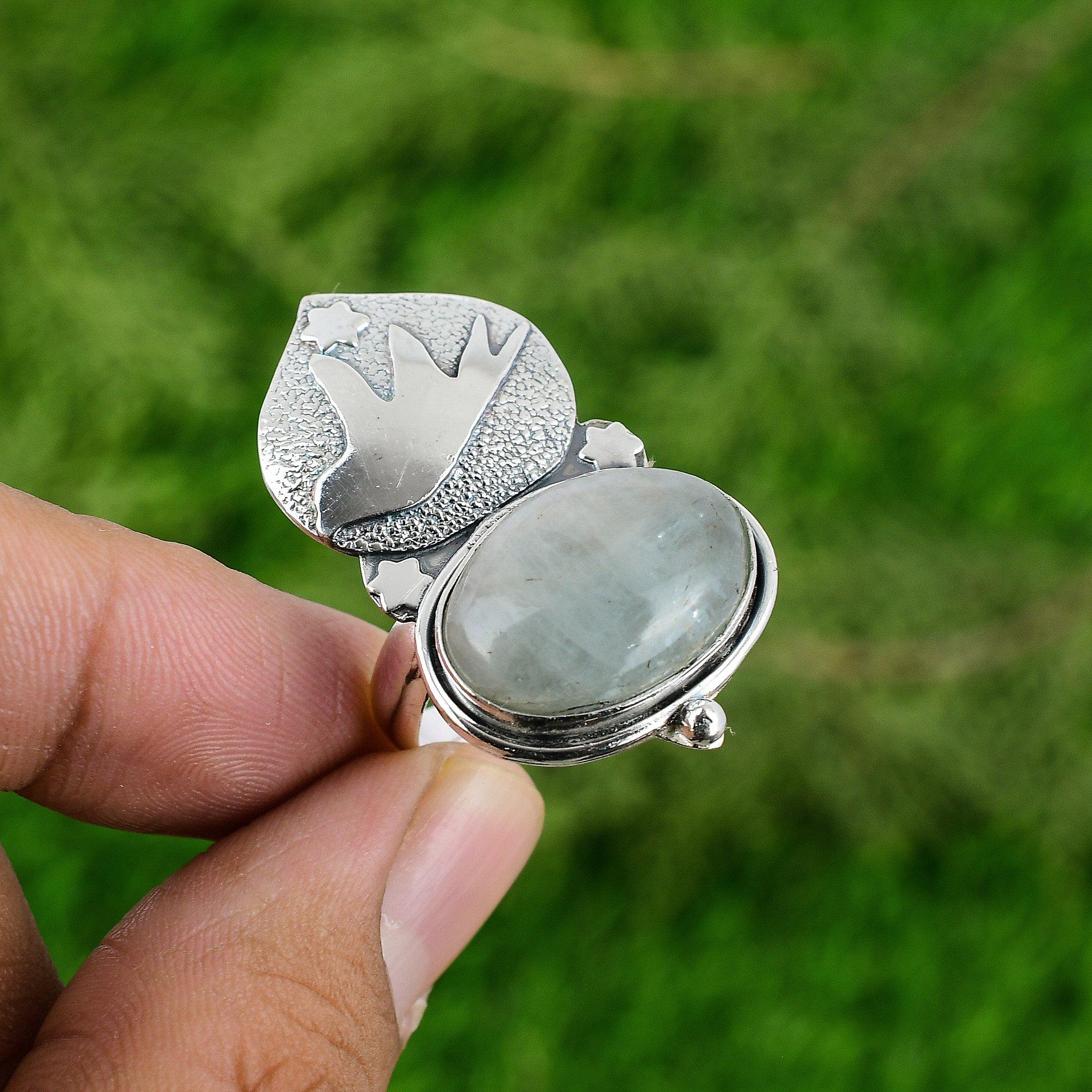 

Natural Aquamarine Gemstone Solitaire Bird Adjustable Ring 925 Silver For Women Adjustable