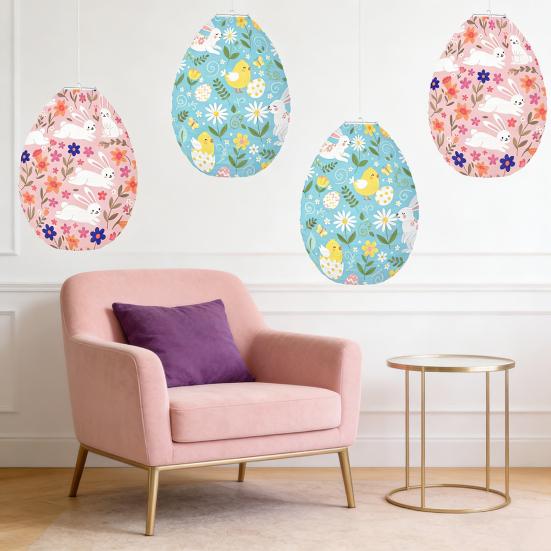 Easter Egg Paper Lantern Bunny Chick Flower Pattern Egg Shaped Hanging Lantern for Easter Party Home Decor
