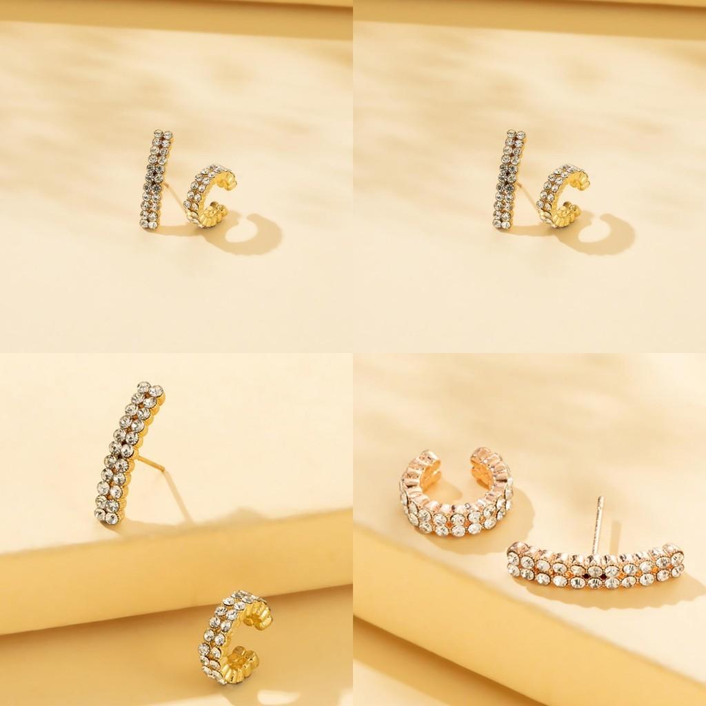 Double Fashionable Row Rhinestone Earrings Set With Asymmetric Design