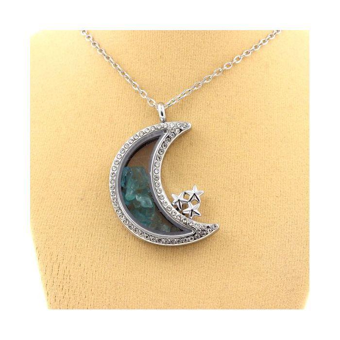 Pierres et Minéraux. Collier Apatite Paraiba brut. Modèle Lune.