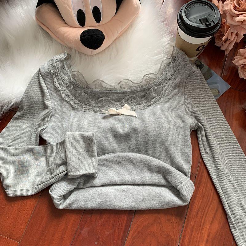 

Кружевная рубашка с круглым вырезом и шлифовкой, женская футболка с длинными рукавами и бантом на осень-зиму с короткими шикарными топами XL серый