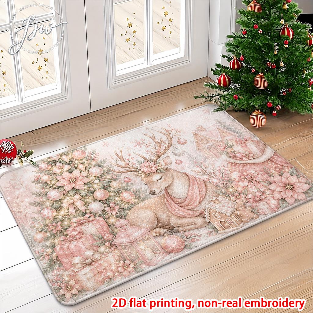 1pcs Christmas Pink Vintage Welcome Doormat, 2D Flat Printed Non Slip Floor Mat for Holiday Home Entrance Decor