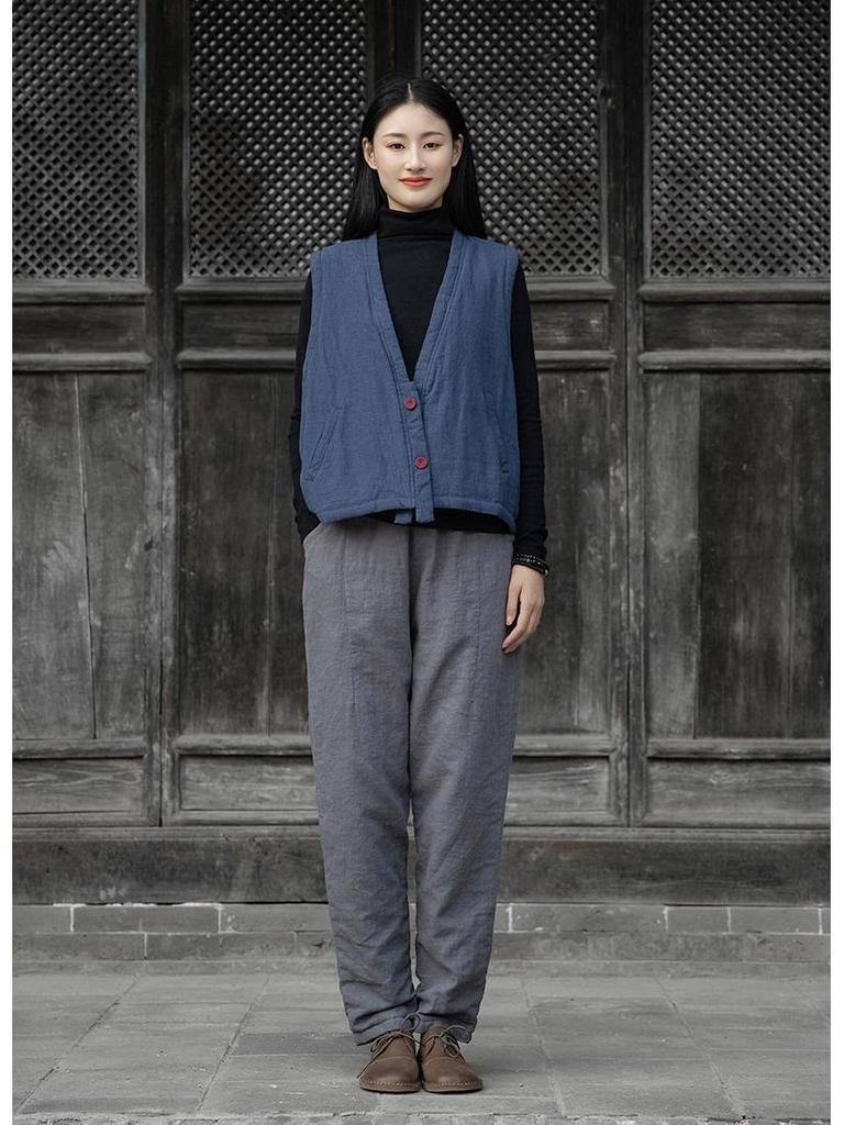 Women's Winter Cotton Linen Patchwork Trousers - Thick, Quilted, & Slimming Ramie Casual Pants