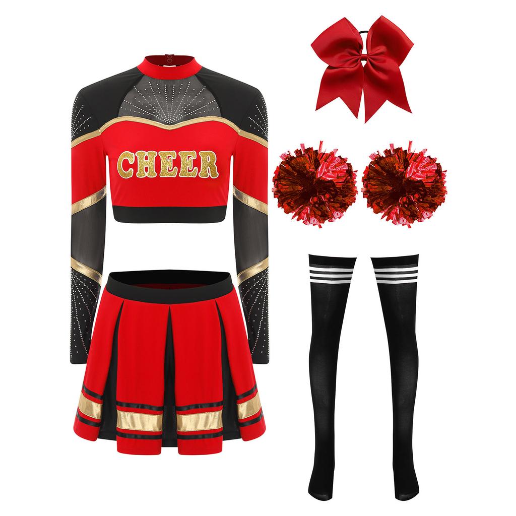 Damen Cheerleading Performance Tanz Outfit Langarm Stehkragen Strass Crop Top Faltenrock Haargummi Set