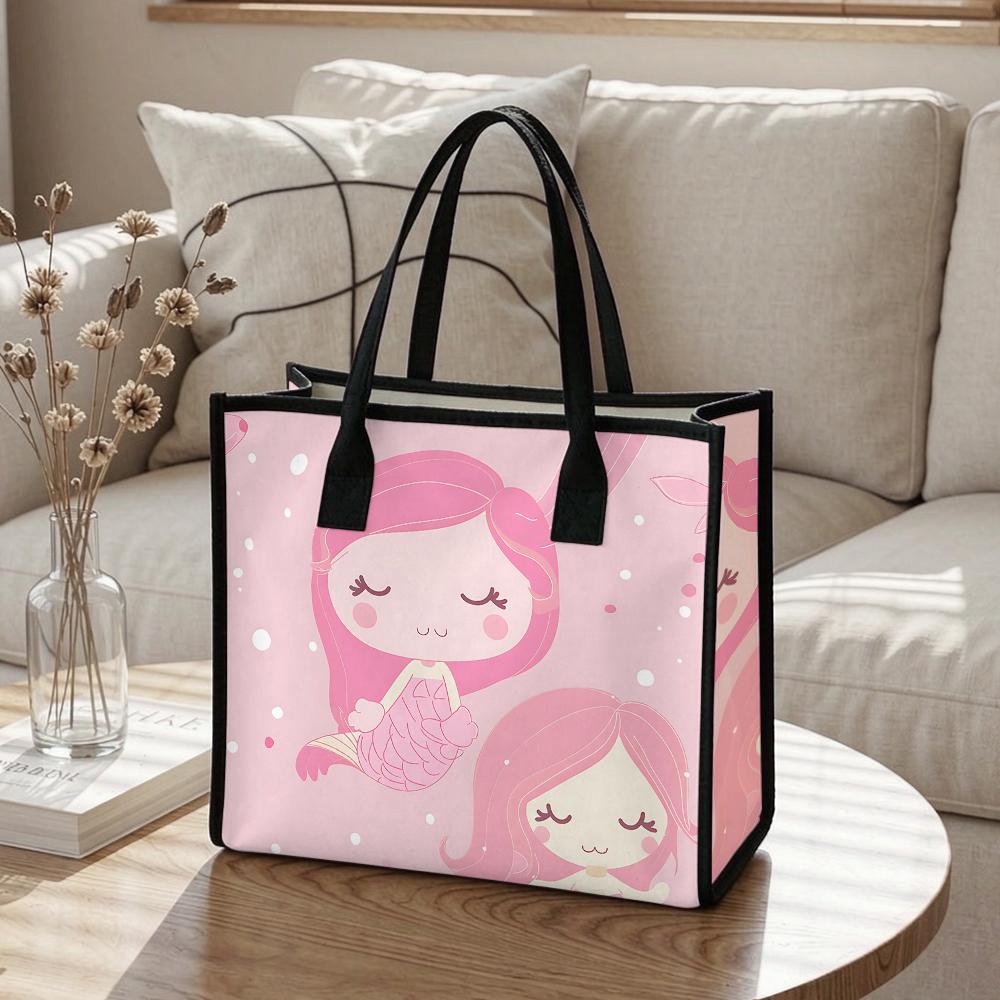 Cute Mermaid Pattern Casual Tote Bag Lovely Portable Daily Use Shopping Handbag for Women Girls