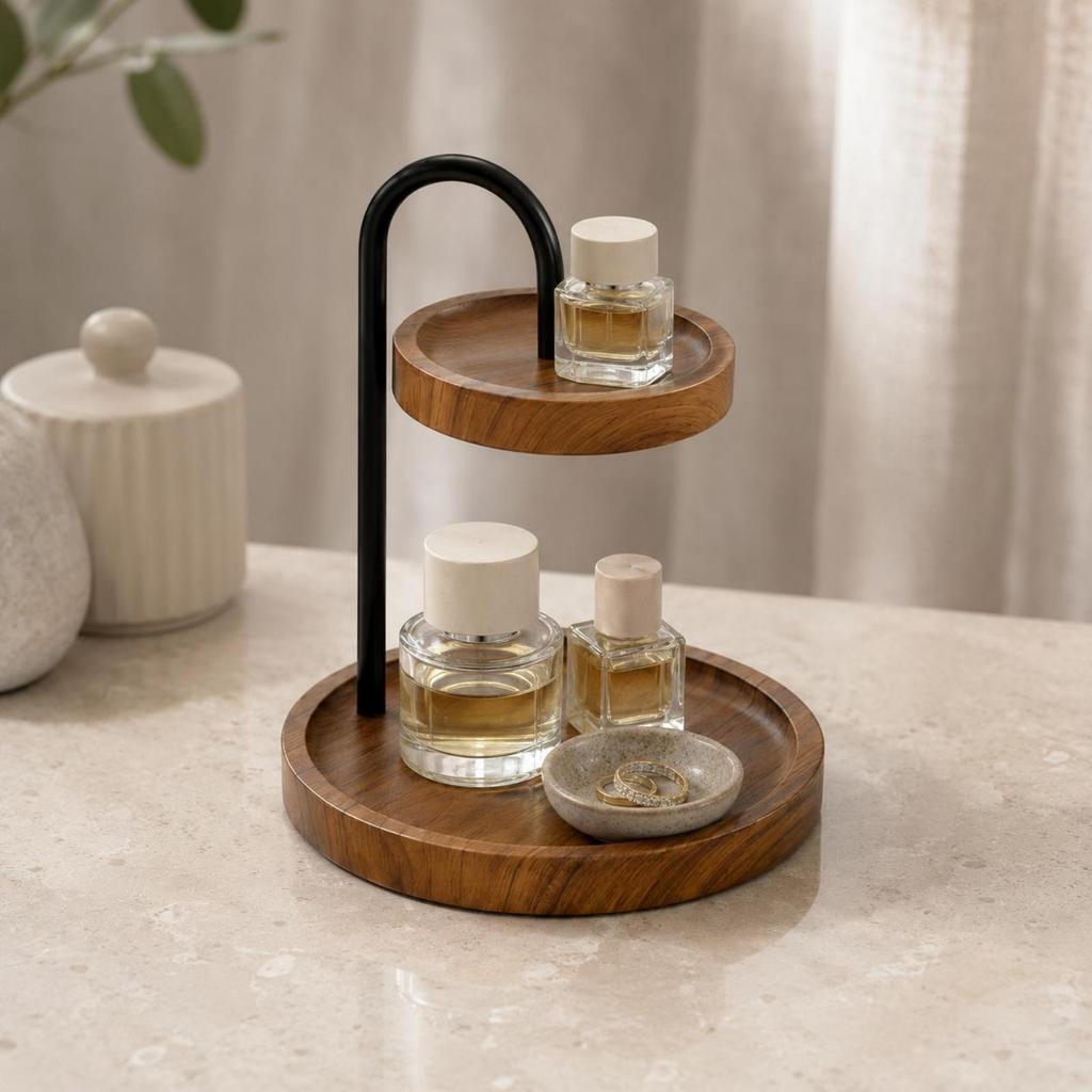 TwoTier Tabletop Rack WoodGrain Finish Round Storage Black Metal Countertop Organizer for
