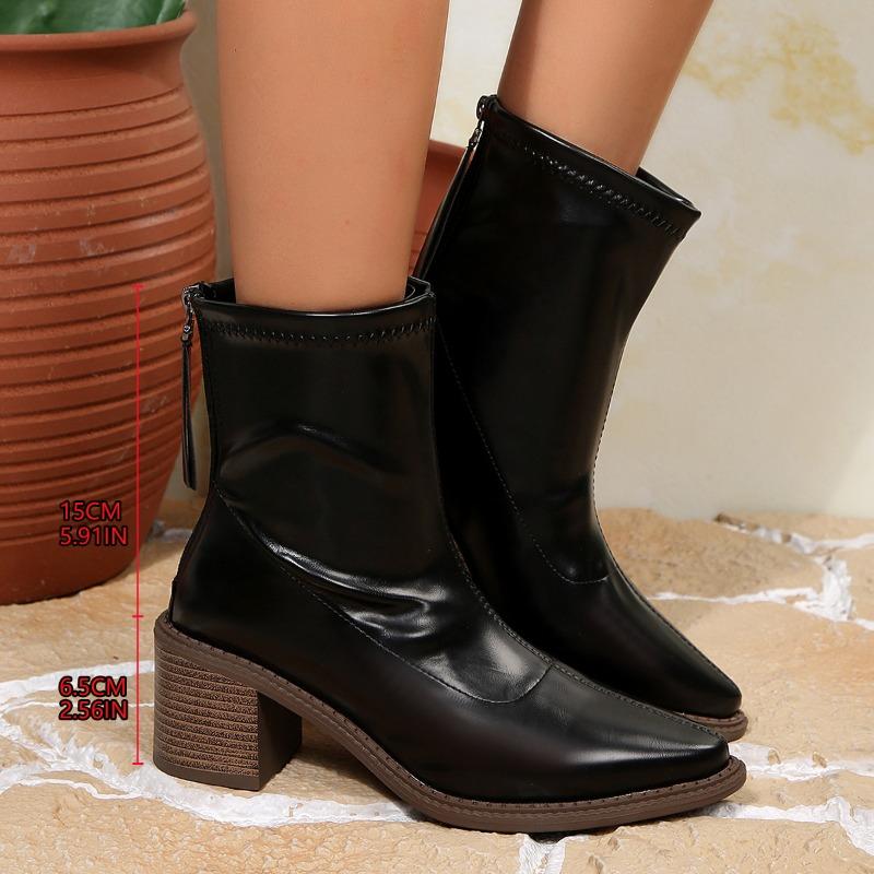 Women's Pointed Toe Chunky Heel Ankle Boots, Slim Fit French Style High Heels, Plus Size Fall Winter Shoes