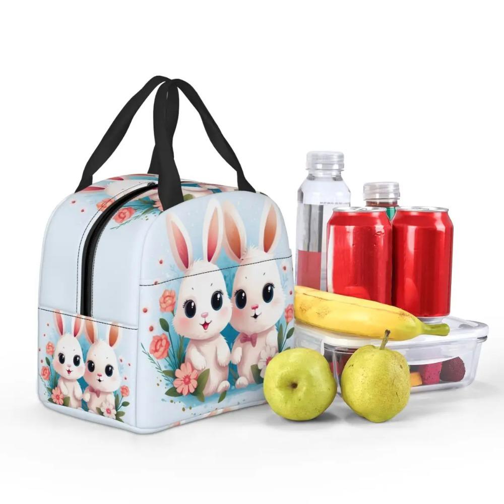 Cute Cartoon Two Little White Rabbits Insulated Lunch Bag for Women Cooler Thermal Food Box Tote Leakproof Lunch Boxes Container